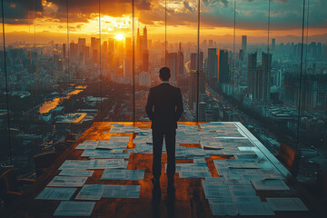 Wall Mural - A CEO standing at a large, minimalist desk, reviewing financial reports with a serious expression.