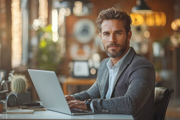 Wall Mural - A CEO sitting at a minimalist desk, typing on his laptop with a focused expression.