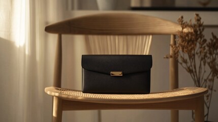 Wall Mural - A close up of a small designer clutch in matte black with a minimalist metallic clasp, resting on a simple wooden chair in a minimalist studio