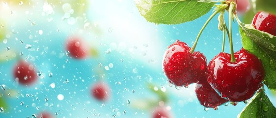 Wall Mural -  A tree laden with cherries, water droplets on its leaves, and a blue sky as the backdrop