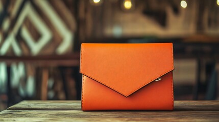 Wall Mural - A contemporary purse in bold orange with a minimalist design and no visible branding, resting on a wooden table with abstract decor in the background