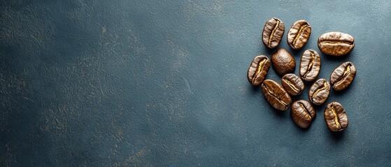  Two piles of coffee beans on a blue counter top