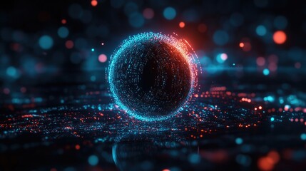 Wall Mural - A glowing sphere of particles in red and blue light against a dark background with bokeh.