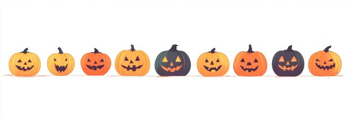 Wall Mural - illustration of a row of pumpkins with different faces on a white background Halloween concept Generative AI