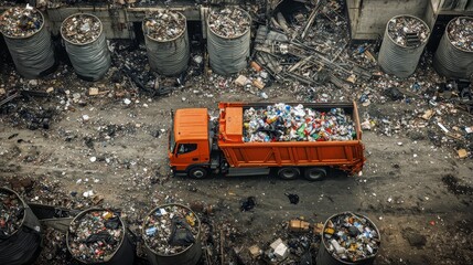 Garbage Truck Full of Waste at a Recycling Center