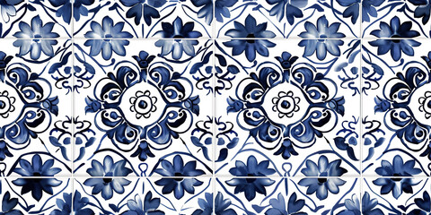  Seamless ornate azulejo ceramic tile art pattern wallpaper background backdrop. Blue abstract ornaments, glazed tilework from Spain and Portugal