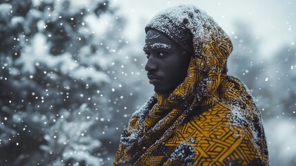 African winter scenes with traditional attire adapted for cold weather, capturing the unique contrast between cultural elements and snowy environments