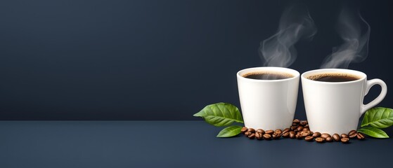 Wall Mural -  Two coffee mugs with rising steam and scattered coffee beans against a dark blue backdrop