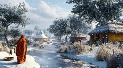 African winter landscapes with traditional architecture and attire, capturing the unique adaptation of cultural elements to snowy environments