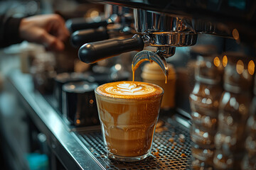 Sticker - A barista preparing a latte in a hip cafe, with the foam art on the coffee taking center stage.