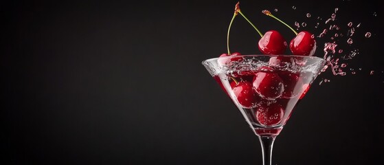 Wall Mural -  A martini glass brimming with cherries; water cascades from the rim, a solitary cherry beside