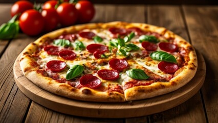 Poster -  Deliciously baked pepperoni and basil pizza on a rustic wooden table