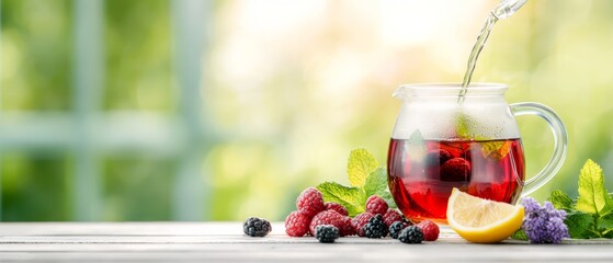 Wall Mural - tea, raspberries, lemon, mint, and mint