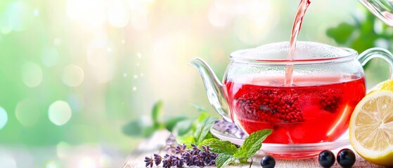 Wall Mural -  A glass teapot, brimming with red liquid, sits next to a lemon and blackberries on a weathered wooden table Green leaves peek out from behind