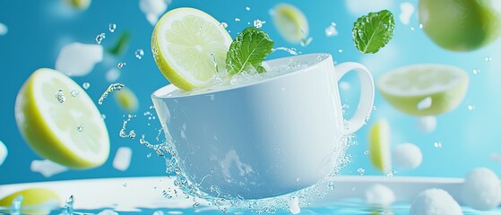 Wall Mural -  A cup of water with sliced lime and mint leaves on the rim, lightly moistened with a splash