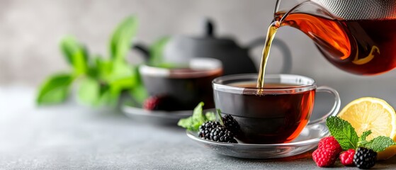 Wall Mural -  A pitcher pours tea into a waiting cup Berries and mint garnish the plate beside it