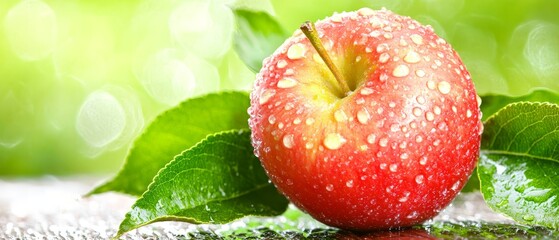 Wall Mural -  A red apple atop a table Green leaves nearby Water droplets on apple's peak