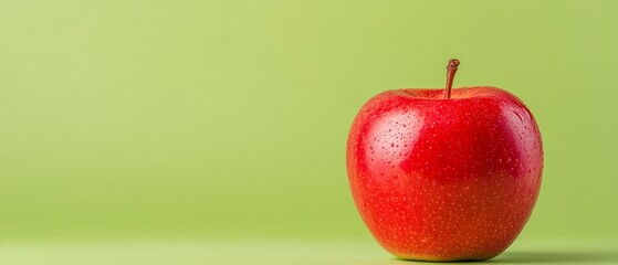 Wall Mural -  Red apple, close-up Green background Water drops on top