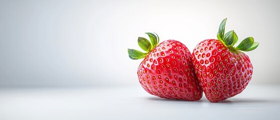 Wall Mural -  Two strawberries resting atop a white table, touching slightly