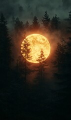 A large, full moon rises over a dark forest, silhouetted against the night sky.