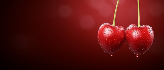 Wall Mural -  Two cherries with water droplets dangling, against a red backdrop A bolt of light bokeh behind