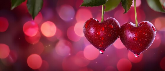 Canvas Print -  Two heart-shaped cherries dangle from a branch, each with a bead of water clinging Bokeh-effect background