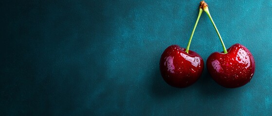  A few cherries dangle from a hook on a blue wall, their surfaces speckled with water droplets