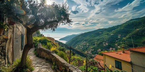 Wall Mural - Cinque Terre seaside villages in Riviera coastline, Italy. Colorful houses, vacation, holiday travel destination, tourist resort, background wallpaper backdrop panorama