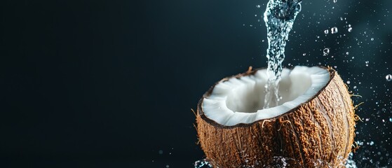 Wall Mural -  Close-up of a coconut with water splashing from its top against a black backdrop