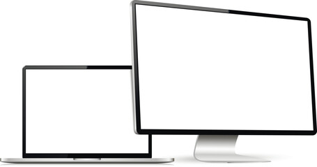 Realistic computer screen with laptop mockup. Computer display and laptop with blank screen.