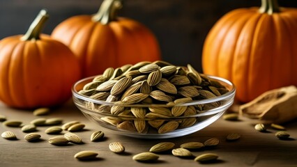 Wall Mural -  Autumn harvest  Pumpkins and almonds a cozy scene