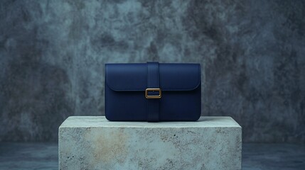 Wall Mural - A sleek designer purse in navy blue, with a simple gold buckle and no external pockets, photographed on a minimalistic stone surface