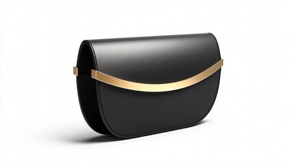 Wall Mural - A sleek, minimalist black leather designer purse with gold accents, displayed on a clean white background, showcasing its smooth texture and structured design