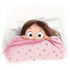 Wall Mural - A young child peeking out from under a cozy pink blanket in a softly lit bedroom at night