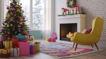 a vibrant living room decorated for christmas, featuring a brightly colored tree, fun and playful presents, a contemporary fireplace with festive accents, and a comfortable armchair. the atmosphere is