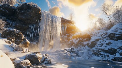 Frozen waterfall surrounded by snow-covered rocks, icicles glistening in the sunlight