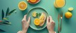 © The 2R Artificiality - Feminine Hands And Next To A Plate With Corn Sandwiches And Orange Juice On A Green Background