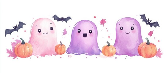 Cute pink and purple ghosts, smiling happy faces, surrounded by small pumpkins and bats, in a simple doodle style, on a white background Generative AI