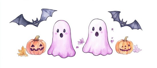 Cute pink and purple ghosts, bats flying around them, pumpkins on the ground, simple drawing style, white background Generative AI