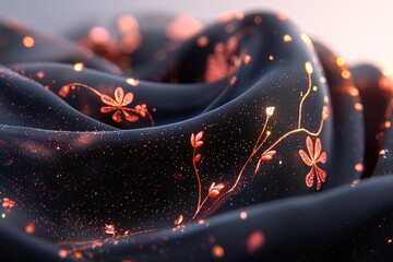 Wall Mural - Elegant black fabric with floral embroidery and shimmering details