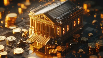 Wall Mural - A miniature golden building, resembling a bank, sits on a circuit board surrounded by gold coins. The image symbolizes the relationship between finance and technology.