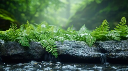 Sticker - Tranquil Forest Stream with Lush Ferns and Rocks