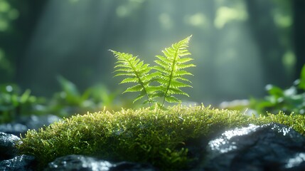 Poster - Fern and Moss in a Sunlit Forest