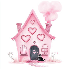 Cute pink house with heart windows, smoke from chimney, and a black cat at the door, perfect for whimsical and romantic themes.