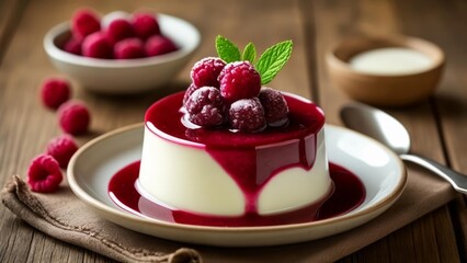 Sticker -  Delicious dessert with raspberries and cream