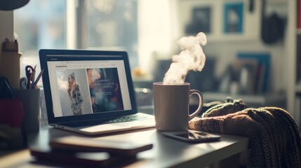 Wall Mural - a close-up of a cluttered desk, a steaming mug of coffee next to a laptop displaying a winter fashio
