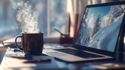 Wall Mural - a close-up of a cluttered desk, a steaming mug of coffee next to a laptop displaying a winter fashio