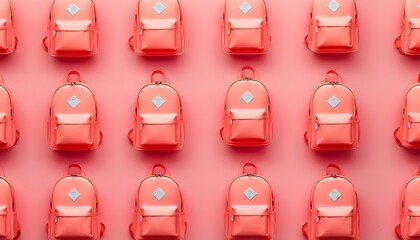 Wall Mural - Stylish grid of small backpacks on a vibrant pink background, emphasizing organization and trendy design