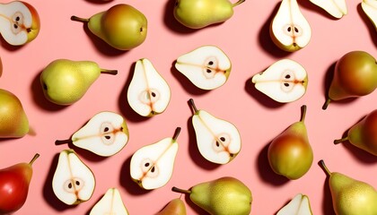 Wall Mural - Vibrant arrangement of whole and halved pears on a pink backdrop highlighting exquisite textures