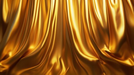 Wall Mural - Gold curtain with a shiny texture. The curtain is long and hangs down from the ceiling. The curtain is the main focus of the image and it gives off a luxurious and elegant vibe